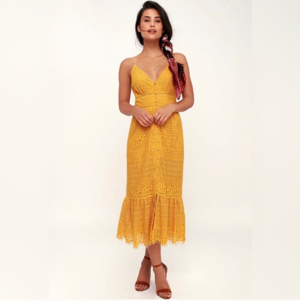 Lulu's Robyn Mustard Yellow Lace Button-Up Midi Dress